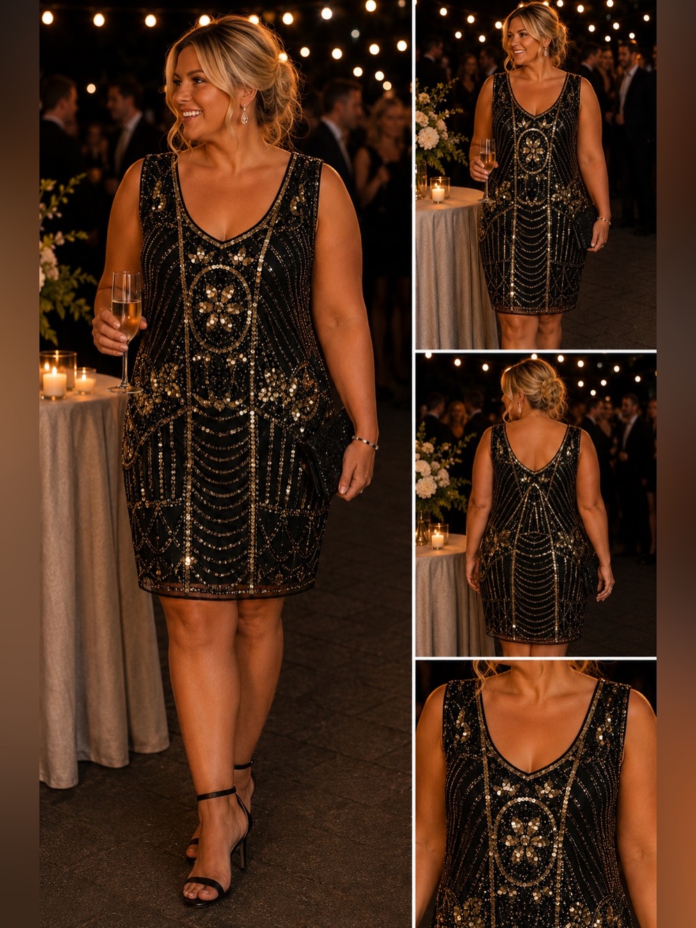 PrettyGuide Black Gold Sequin Beaded Cocktail Dress Wedding Guest 3XL 24 26